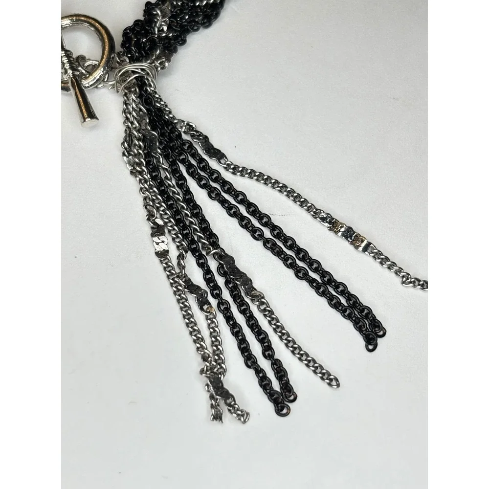 Mixed Metal Feather Tassel Bracelet Silver Black Multi Strand Toggle Clasp 6.75
